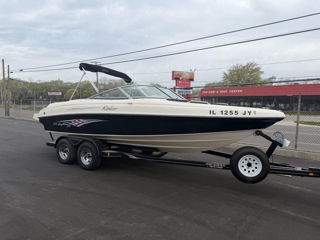 Speedboat on trailer parked outside Hall's Sport Center in Illinois.