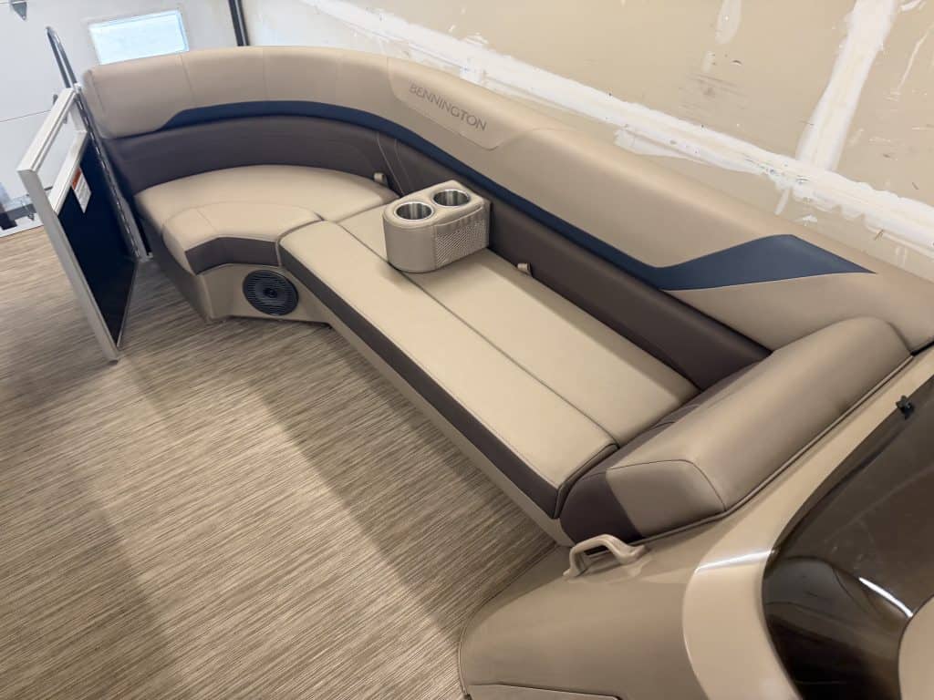 Comfortable boat seating with cup holders at Hall's Sport Center.