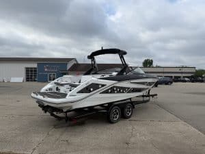 2021 Scarab 255ID luxury boat on trailer at Hall's Sport Center.