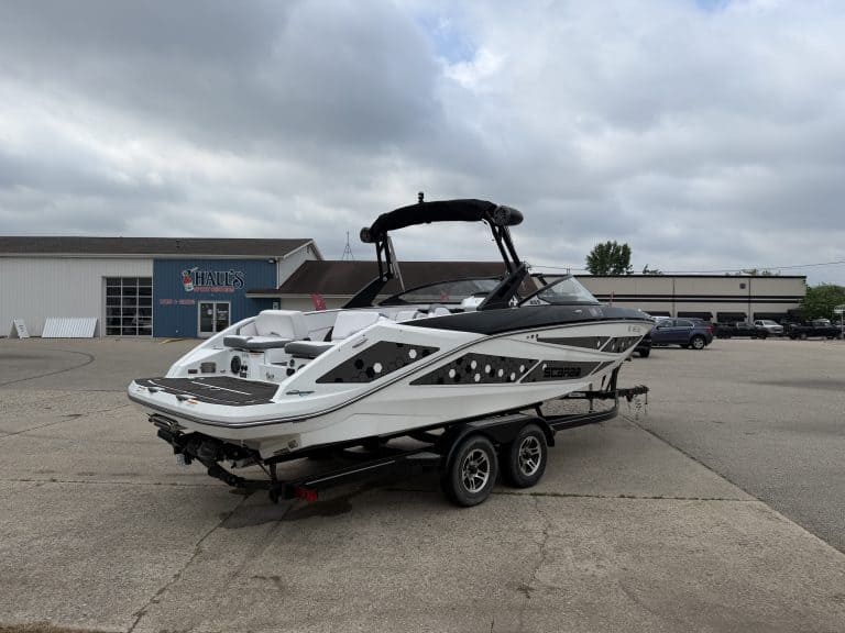 2021 Scarab 255ID luxury boat on trailer at Hall's Sport Center.