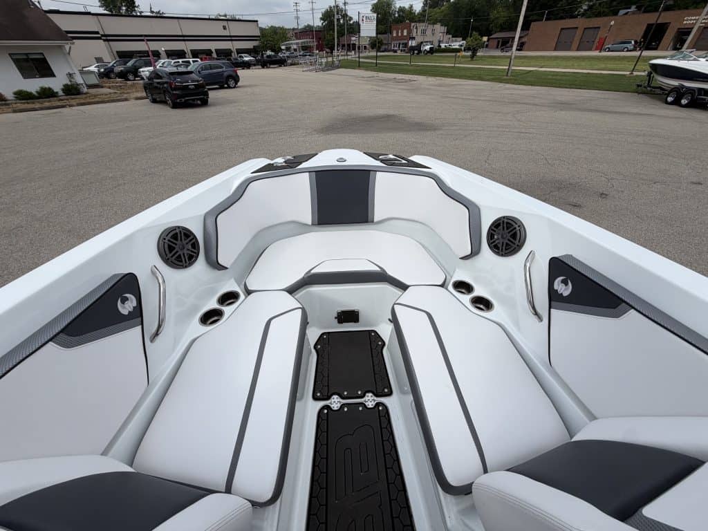 Close-up of the luxurious interior of a 2021 Scarab 255ID boat.