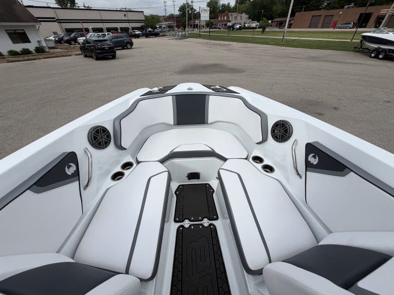 Close-up of the luxurious interior of a 2021 Scarab 255ID boat.