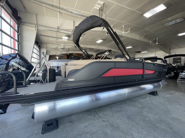 Luxury pontoon boat at Hall's Sport Center for sale or rent.