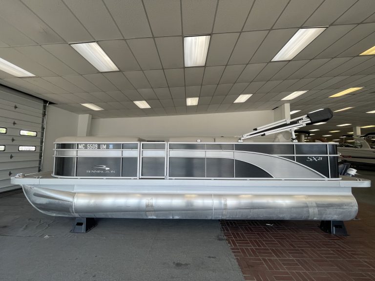 Bennington 21 SS pontoon boat displayed at Hall's Sport Center.