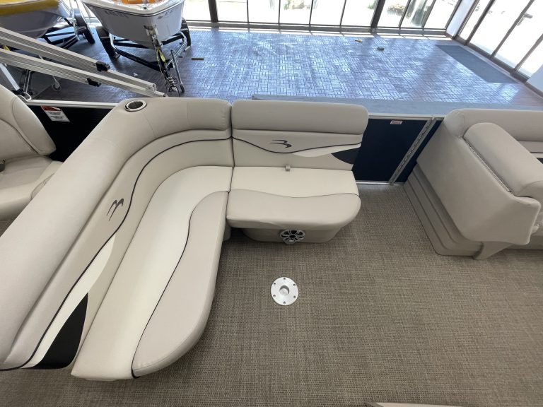 Close-up of the interior seating of a Bennington 21 SS pontoon boat.