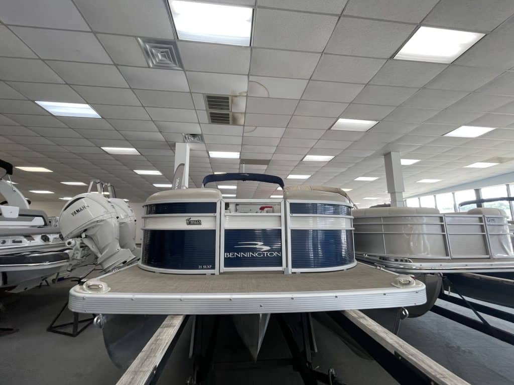 Bennington 21 SLX pontoon boat displayed at Hall's Sport Center.