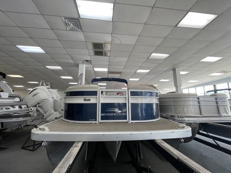 Bennington 21 SLX pontoon boat displayed at Hall's Sport Center.