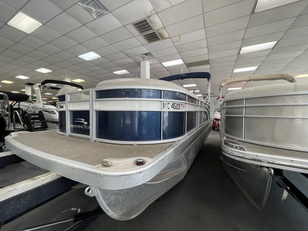 Bennington 21 SLX pontoon boat at Hall's Sport Center.
