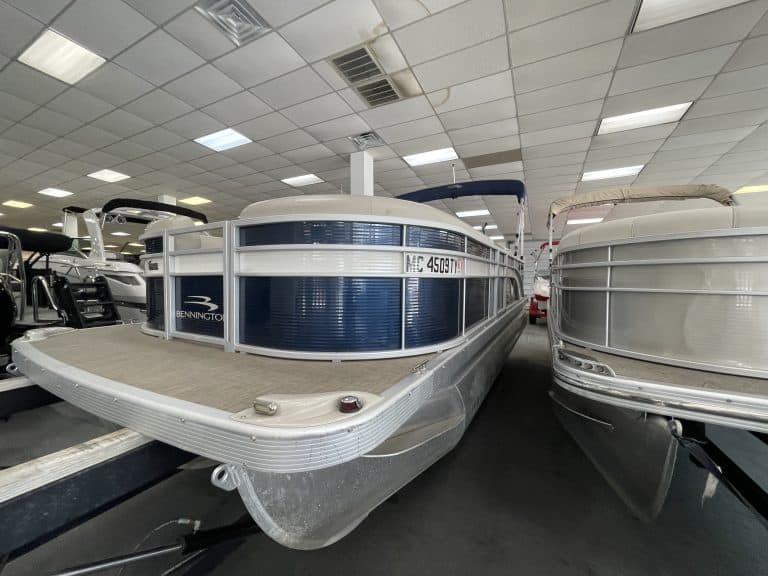 Bennington 21 SLX pontoon boat at Hall's Sport Center.