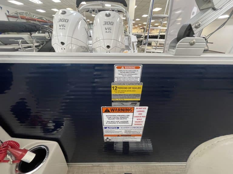 Bennington 21 SLX boat with twin 300 V6 outboard motors at Hall's Sport Center.
