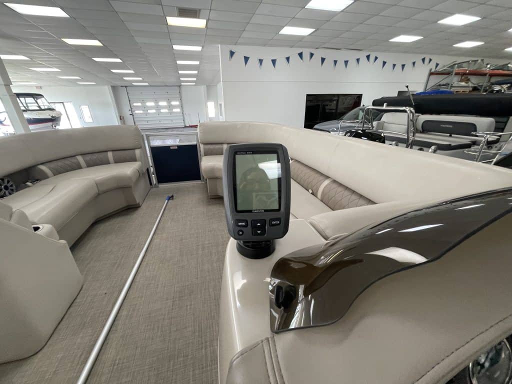 Bennington 21 SLX boat interior with seating and navigation equipment.