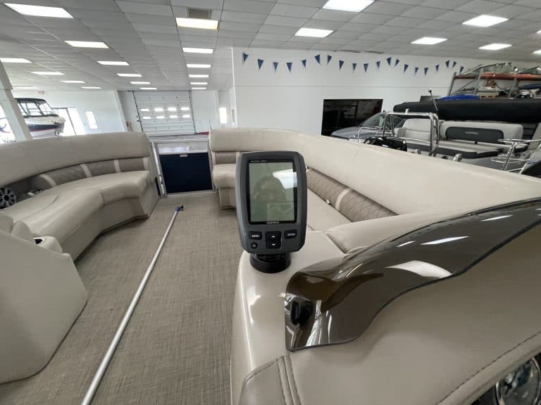 Bennington 21 SLX boat interior with seating and navigation equipment.