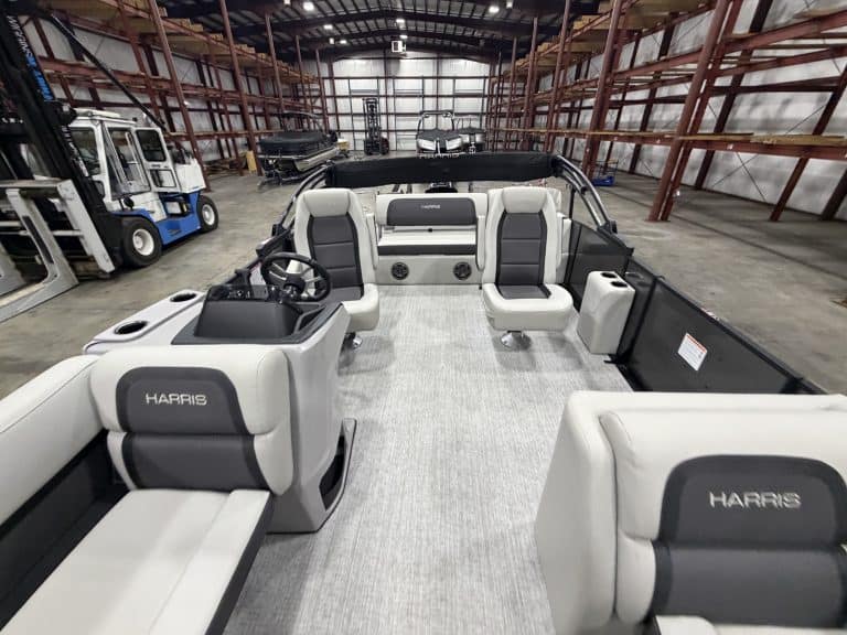 Harris boat inside storage warehouse at Hall's Sport Center.