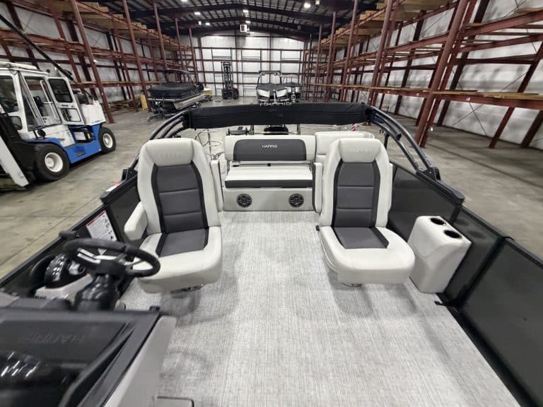 Interior view of Harris 230 SBHL pontoon boat at Hall's Sport Center.