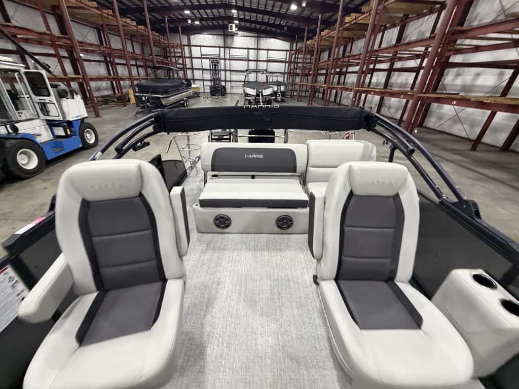 Interior view of Harris 230 SBHL pontoon boat at Hall's Sport Center.