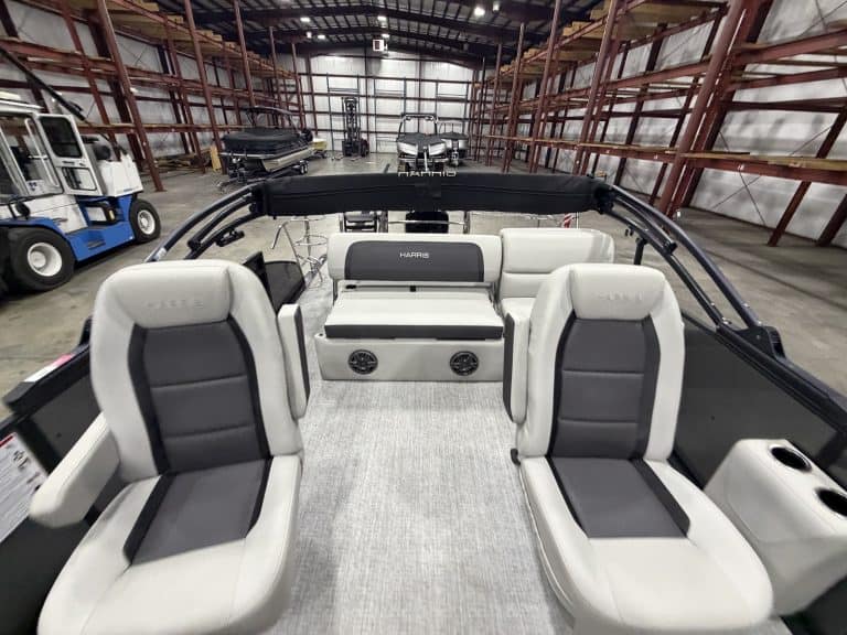 Interior view of Harris 230 SBHL pontoon boat at Hall's Sport Center.