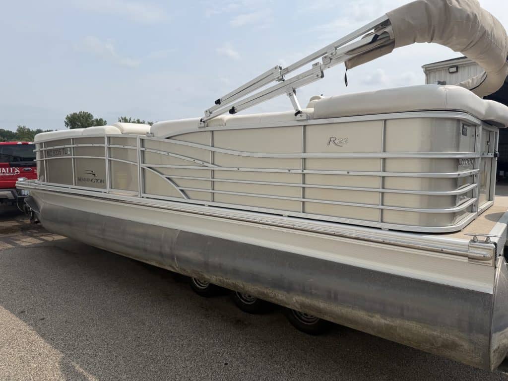 Luxury pontoon boat at Hall's Sport Center for sale or rent.