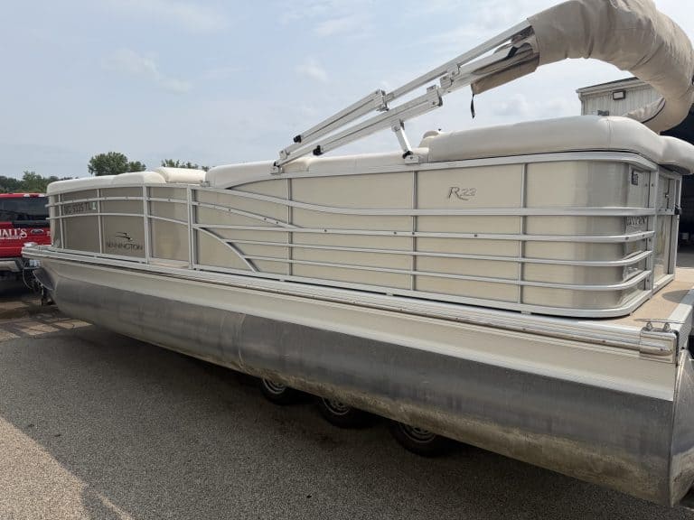 Luxury pontoon boat at Hall's Sport Center for sale or rent.
