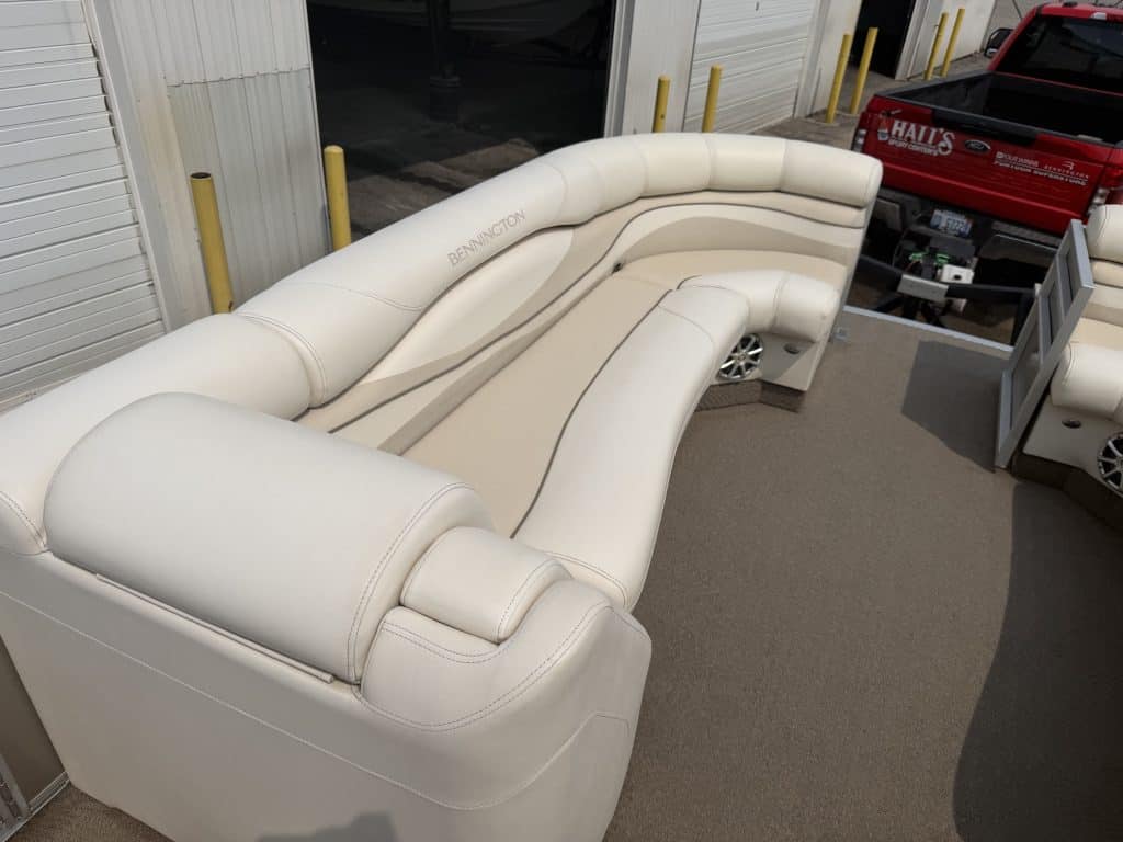 Luxury white boat seating at Hall's Sport Center.