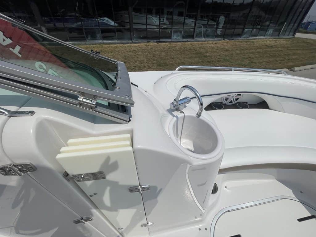 Close-up of boat's helm and seating area at Hall's Sport Center.