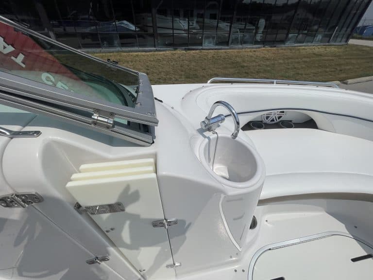 Close-up of boat's helm and seating area at Hall's Sport Center.