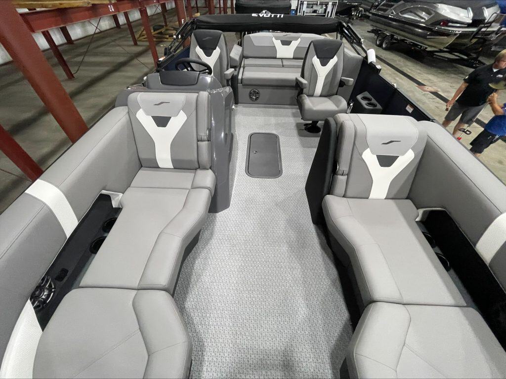 Modern boat interior with spacious seating at Hall's Sport Center.