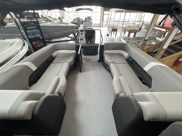 Luxury boat interior with spacious seating and modern design.