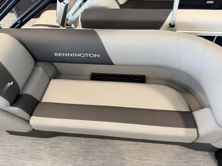 Bennington 22 S1SR boat seating with gray and black upholstery.