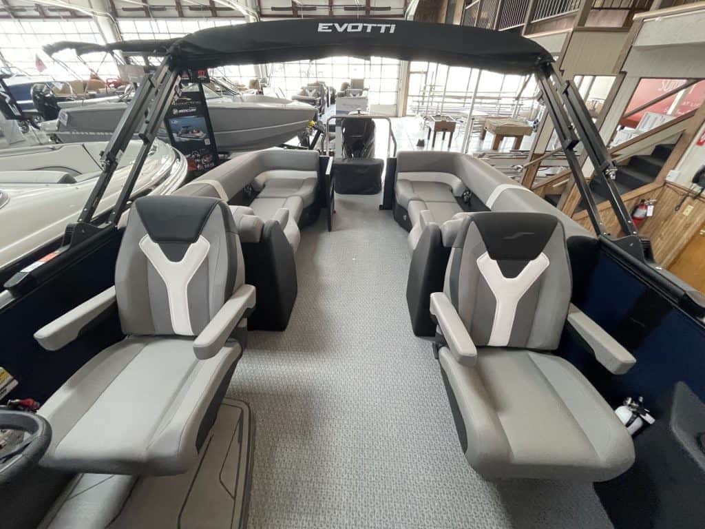 Interior view of the Evotti 525QL pontoon boat at Hall's Sport Center.