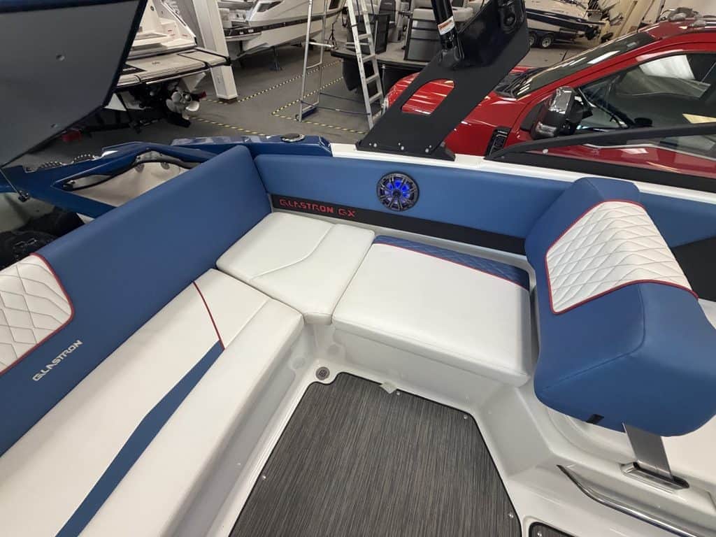 Close-up of the interior of a Glastron GX215 boat at Hall's Sport Center.