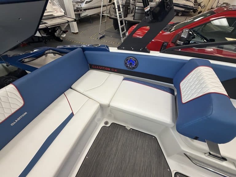 Close-up of the interior of a Glastron GX215 boat at Hall's Sport Center.