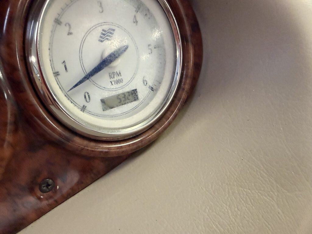 Close-up of boat tachometer showing RPM at Hall's Sport Center.
