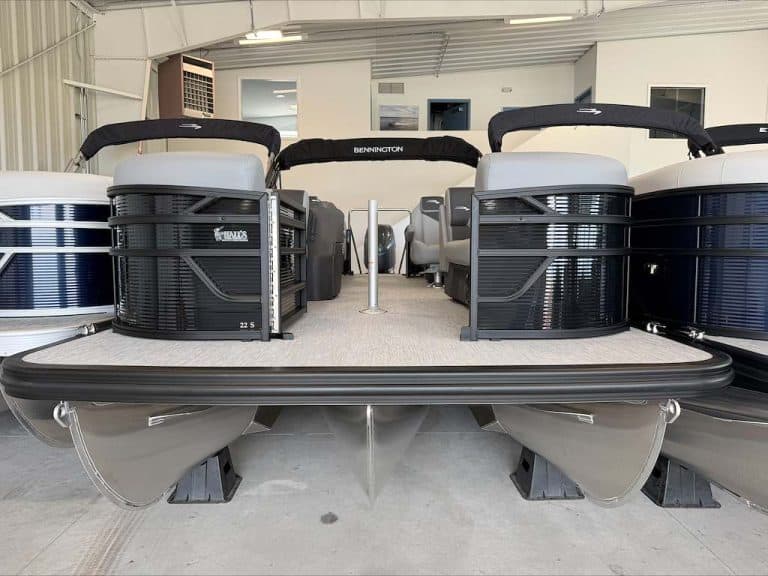 Bennington pontoon boat displayed at Hall's Sport Center for sale or rental.