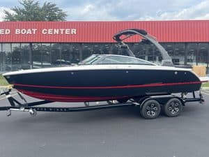 Luxury 2022 Four Winns H4 boat on trailer at Hall's Sport Center.