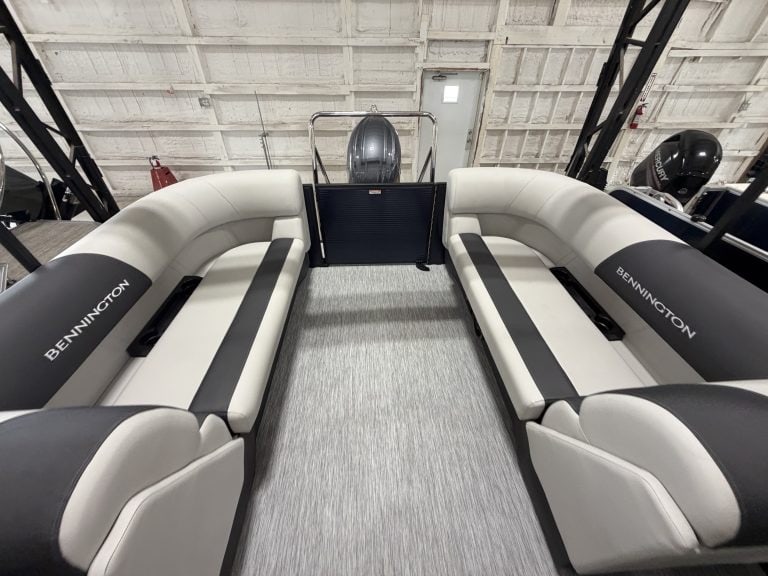 Bennington pontoon boat seating with comfortable cushioned benches.