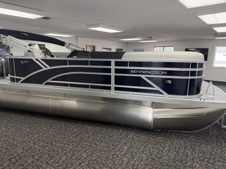 Bennington 20SL S1 pontoon boat displayed indoors at Hall's Sport Center.