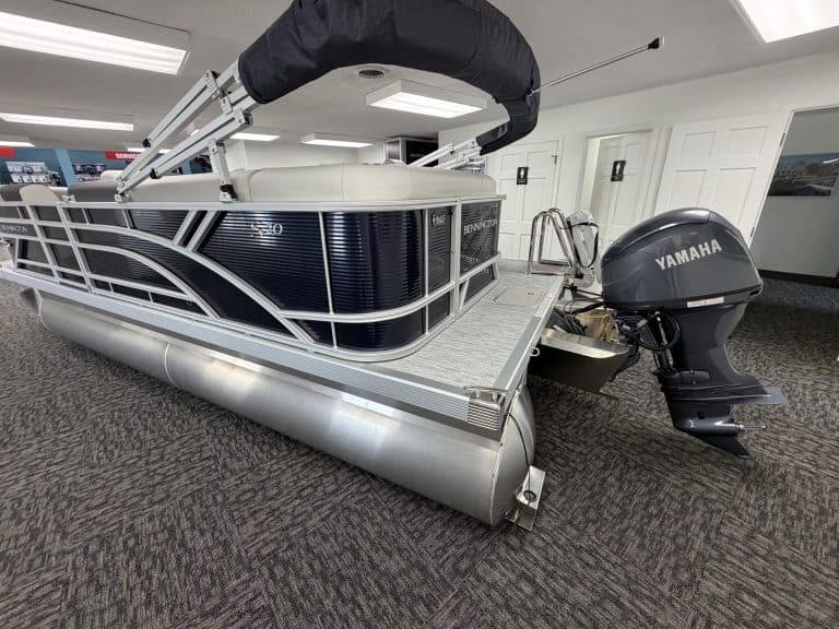 Bennington 20SL S1 pontoon boat with Yamaha engine at Hall's Sport Center.