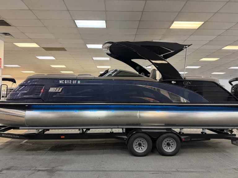 Bennington 25QXFBWA pontoon boat on display at Hall's Sport Center.