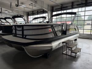Luxury pontoon boat at Hall's Sport Center with steps for easy access.