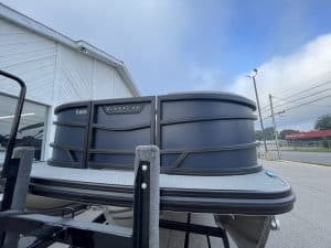 EVO 521QL pontoon boat at Hall's Sport Center, perfect for leisure and fishing.