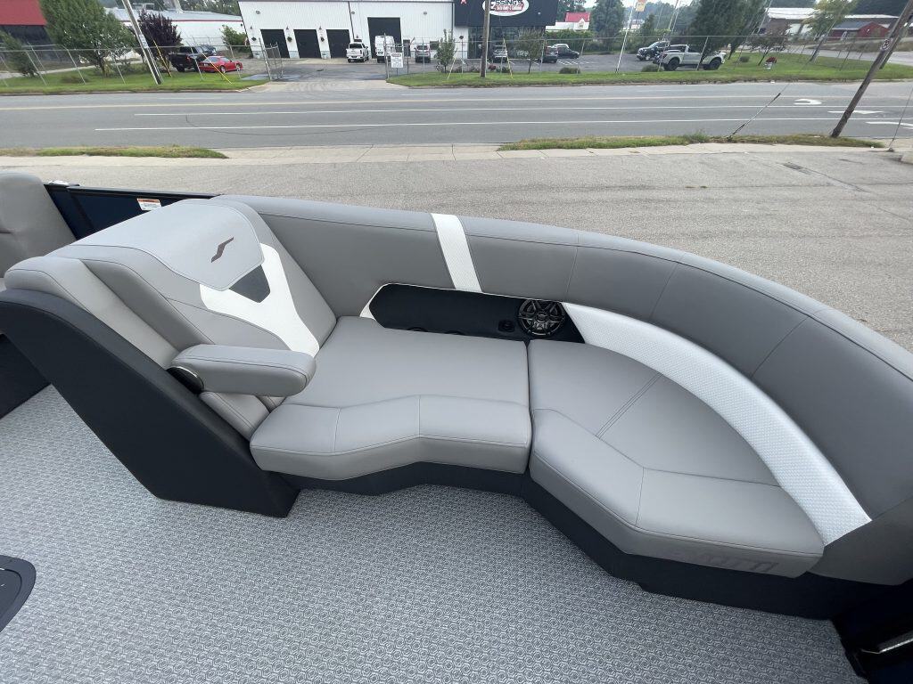 Comfortable boat seating with modern design at Hall's Sport Center.
