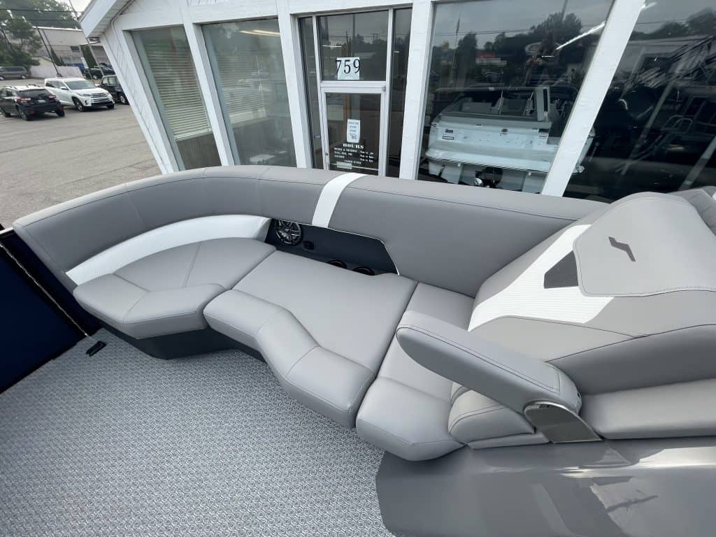 Comfortable gray and white boat seating at Hall's Sport Center.