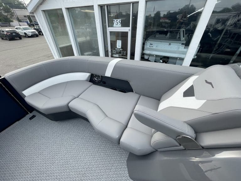 Comfortable gray and white boat seating at Hall's Sport Center.