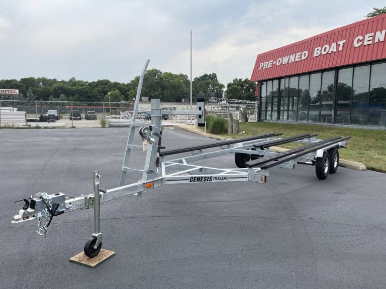 Pre-owned Genesis PF22T boat trailer outside Hall's Sport Center.