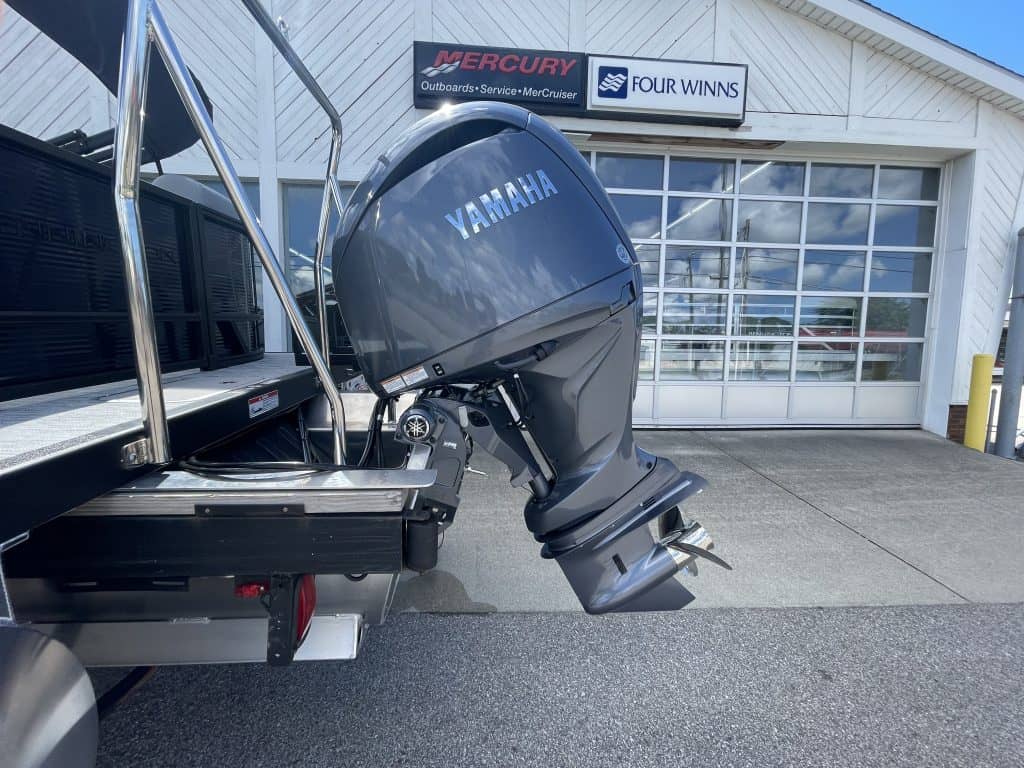 Yamaha outboard motor attached to boat at Hall's Sport Center.