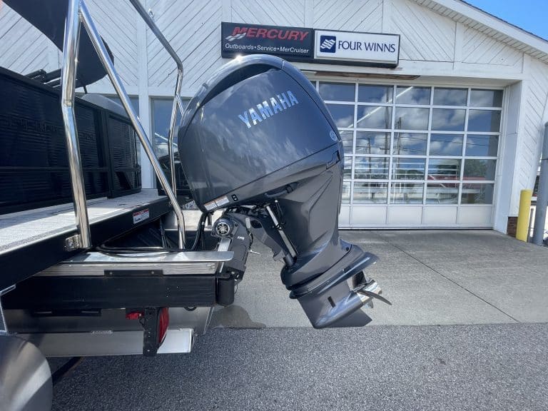 Yamaha outboard motor attached to boat at Hall's Sport Center.