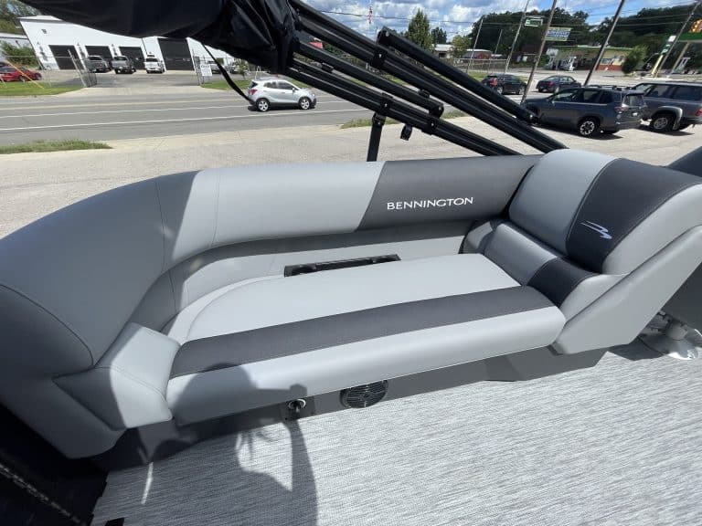 Bennington 22S1 SSR pontoon boat seat with gray and black upholstery.