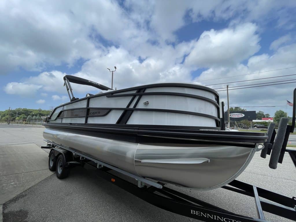 Luxury boat on trailer at Hall's Sport Center.