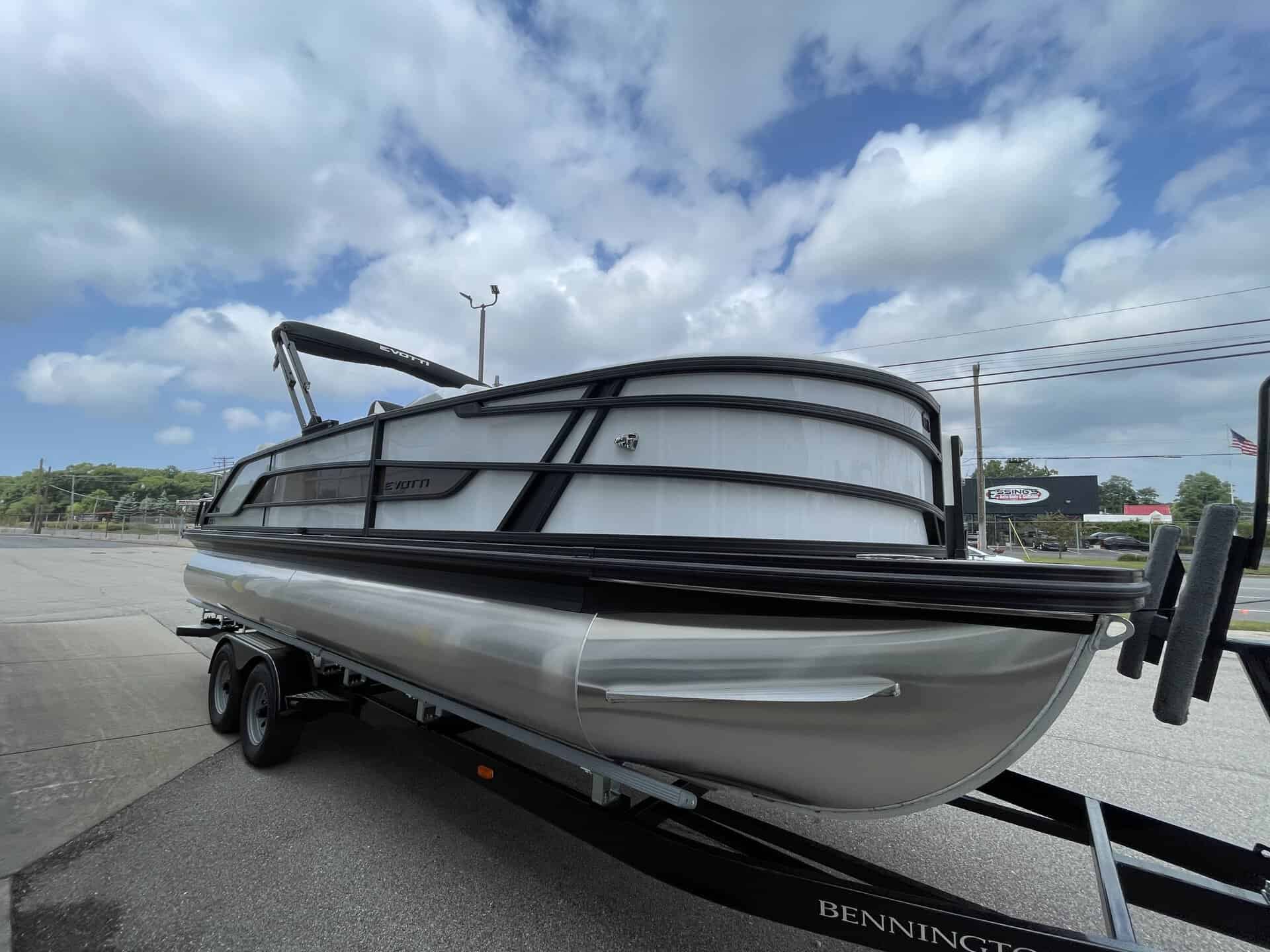 Luxury boat on trailer at Hall's Sport Center.