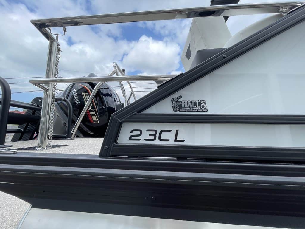 Close-up of EVOTTI 523CL boat with Hall's Sport Center logo.